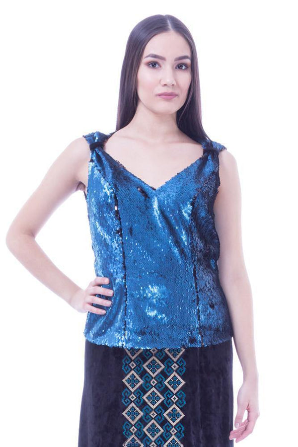 Bluza tul paietat, albastru cu negru  Liza Panait Liza Panait Online Boutique